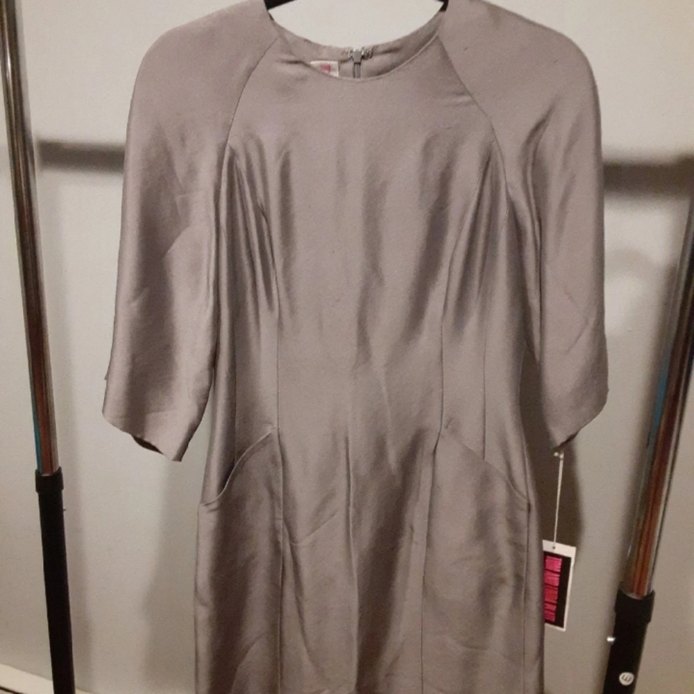 Tom and Linda Platt silver dress w/ 3/4 sleeves